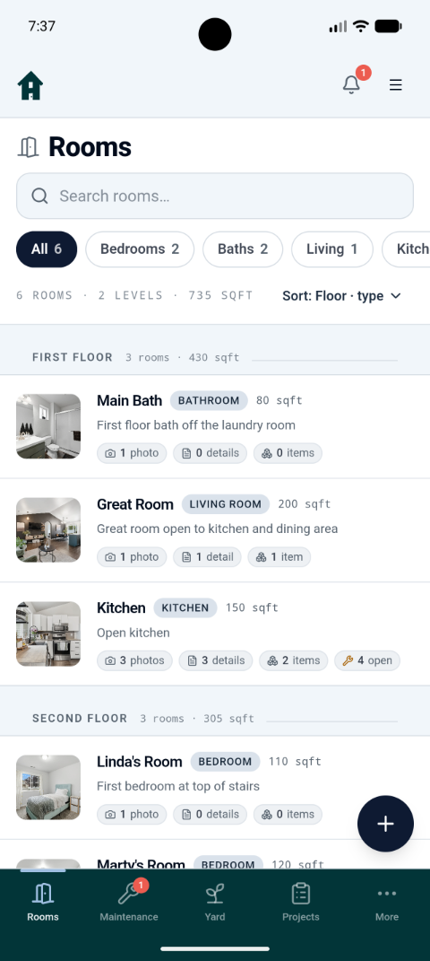 Rooms list in the Houses 2 Homes Android app